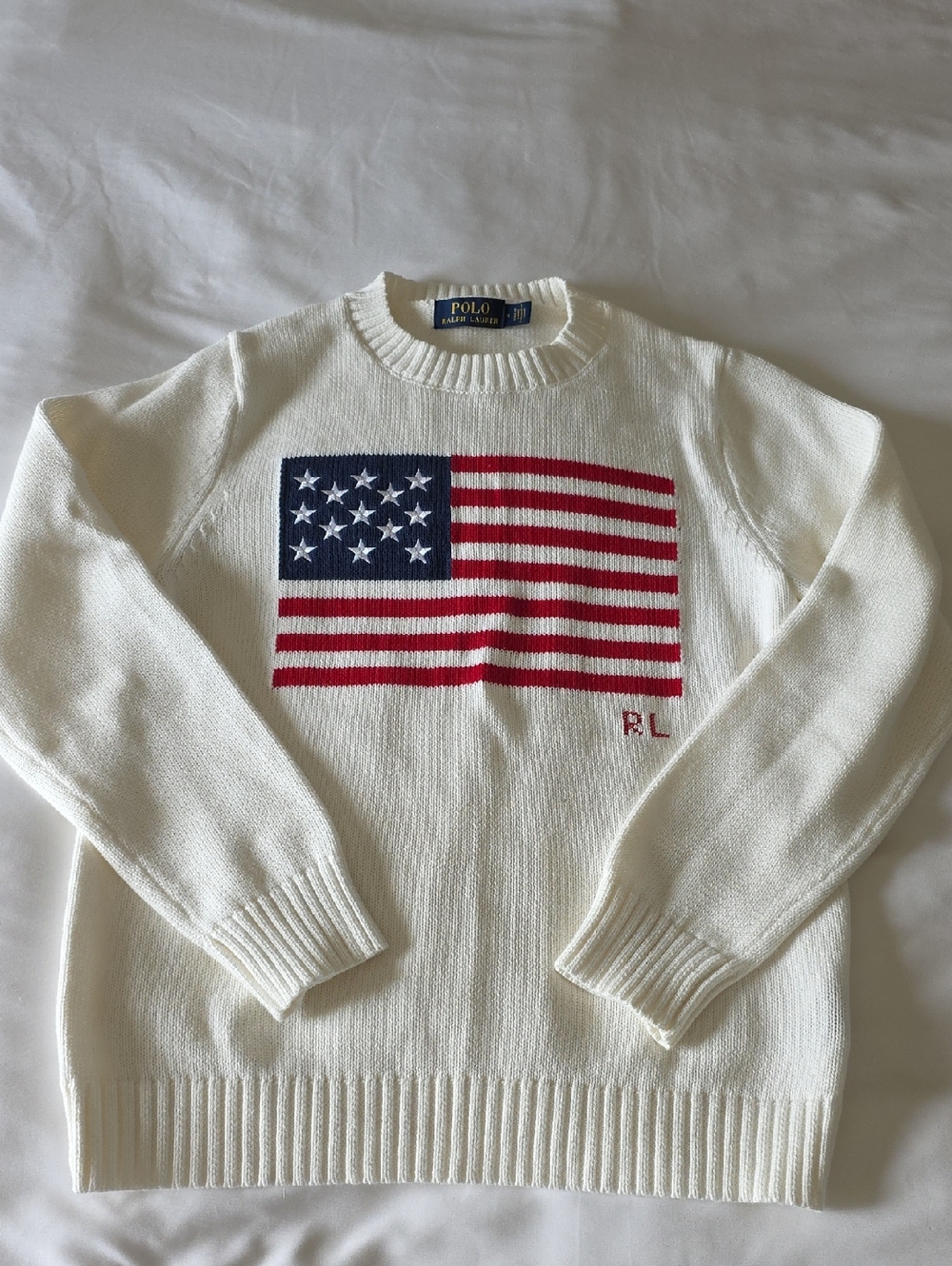 Polo by Ralph Lauren Cream Crewneck Sweater with American Flag